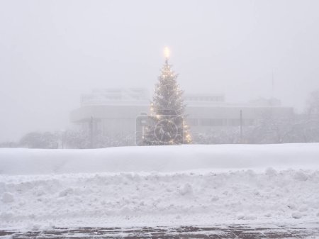 Téléchargez les photos : Arbre de Noël par une journée brumeuse dans une petite ville finlandaise, Hyvinkaa, Finlande - en image libre de droit