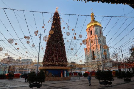 Photo for Festive Christmas tree with garlands of the year 2022 and St Sophia Cathedral in Kyiv, Ukraine. - Royalty Free Image