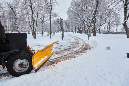 Photo for Snow removal tractor cleans alley in park. Tractor removing snow, sprinkle salt and sand to prevent slipping. Municipal service cleaning sidewalk from snow with snow plow and rotating brush - Royalty Free Image