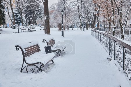 Photo for Benches in the winter city park which has been filled up with snow - Royalty Free Image