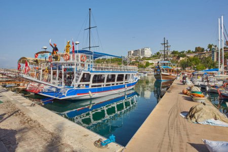 Photo for Antalya, Turkey - 02.05.2017: Panoramic view of the port in the old town old city marina at summer, Turkey - Royalty Free Image