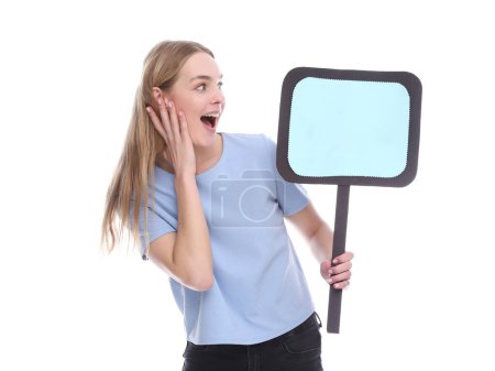 Photo for Very happy excited, businesswoman showing blank banner signboard. Success and advertising concept. Copy space empty place for some advertisement ad text. Woman girl at studio. - Royalty Free Image