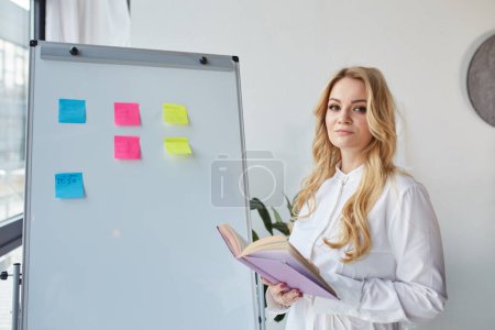 Photo for A blonde girl stands near a board with stickers and holds a document and a pencil in her hands. business woman - Royalty Free Image