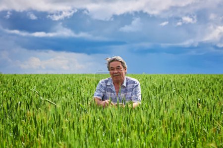 Téléchargez les photos : Portrait of farmer standing in green wheat field. Agricultural industry - en image libre de droit