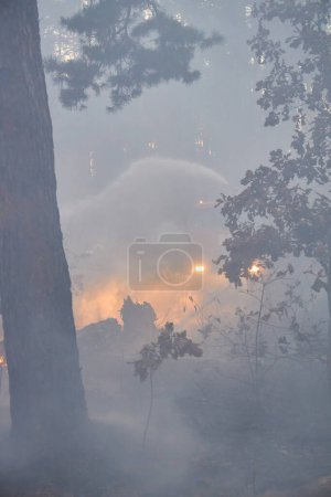 Foto de Water cannon of a fire engine shooting a high-velocity stream of water, firemen fighting fire in forest. Kyiv region, Ukraine - Imagen libre de derechos