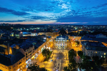 Photo for Lviv downtown at the night from the aerial view - Royalty Free Image