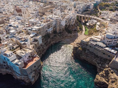 Photo for Polignano a Mare drone shot. Aerial view shot of Cala Paura in Puglia, Polignano. Most famous beach in South Italy. - Royalty Free Image