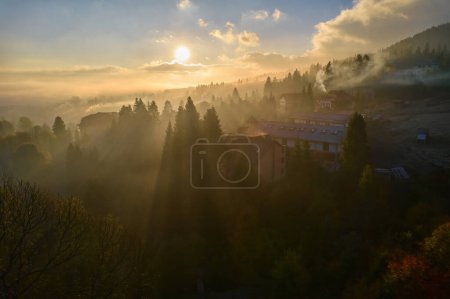 Photo for Mountains in clouds at sunrise in summer. Aerial view of mountain peak with green trees in fog. Beautiful landscape with high rocks, forest, sky. Top view from drone of mountain valley in low clouds - Royalty Free Image