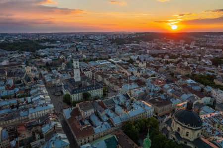 Photo for Lviv historival city center skyline at sunset, Ukraine - Royalty Free Image