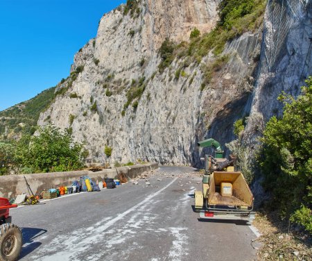Photo for Amalfi Coast. Asphalt coastal road path route blocked by land slide, rock fall - Royalty Free Image
