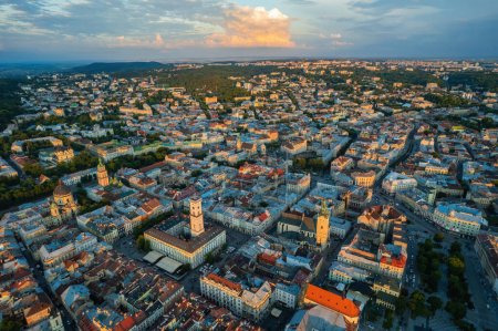 Panoramic summer view from drone on historical center of Lviv city, Ukraine