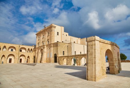Photo for Basilica of Santa Maria de Finibus Terrae on the spectacular Capo di Leuca promontory, Italy. The Sanctuary stands on spacious square overlooking the sea - Royalty Free Image