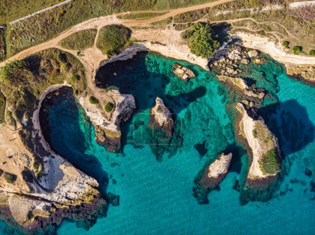 Photo for Aerial landscape photography. Straight-down view from flying drone of popular tourist attraction - Torre Sant'Andrea. Wonderful morning seascape of Adriatic sea, Apulia region, Italy, Europe. - Royalty Free Image