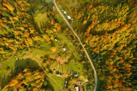Photo for Aerial view of mountains at sunrise in autumn in Ukraine. Colorful landscape with mountain road, forest, houses on the hills, sunlight, sky in fall. Top view of roadway and village - Royalty Free Image