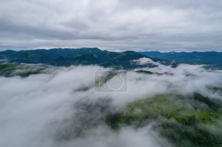 Téléchargez les photos : Montagnes dans les nuages au lever du soleil en été. Vue aérienne du sommet de la montagne avec des arbres verts dans le brouillard. Beau paysage avec de hautes roches, forêt, ciel. Vue de dessus depuis le drone de la vallée de montagne dans les nuages bas - en image libre de droit