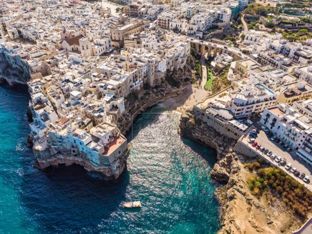 Photo for Aerial view of Polignano a Mare old town, a small city along the coast facing the Mediterranean Sea, Bari, Puglia, Italy. - Royalty Free Image