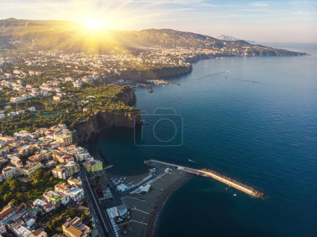 Photo for Amazing summer view from flying drone of Meta, comune in the Metropolitan City of Naples, Campania region, Italy, Europe. Wonderful seascape of Mediterranean sea. - Royalty Free Image