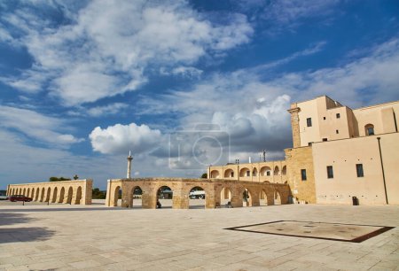Photo for Basilica of Santa Maria de Finibus Terrae on the spectacular Capo di Leuca promontory, Apulia, Italy. The Sanctuary stands on spacious square overlooking the sea. - Royalty Free Image