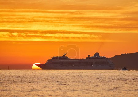 Photo for Luxury Cruise Ship. Beautiful Seascape Sunset Background. Romantic and Luxury Travel Concept. - Royalty Free Image