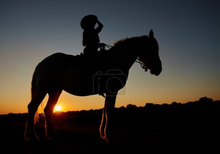 Foto de Mujer a caballo montando a caballo galopando con el sol naciente rojo en el horizonte. Hermoso fondo de cabecera colorido atardecer con silueta de equino y niñas. - Imagen libre de derechos