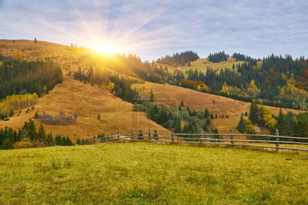 Téléchargez les photos : Une vue imprenable sur un matin d'automne dans les montagnes : un village rural reposant dans une vallée au milieu d'un décor pittoresque de pins et de forêts mixtes - en image libre de droit