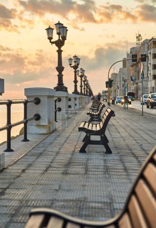 Lungomare boulevard in Bari town, Italy. Mediterranean coast promenade.