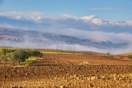 Photo for Ploughed field and rural hut against cloudy sky - Royalty Free Image