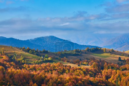 Foto de Un paisaje majestuoso: hojas amarillas, bosques de coníferas y deciduos rodean un pueblo pacífico en una mañana de otoño en las montañas - Imagen libre de derechos