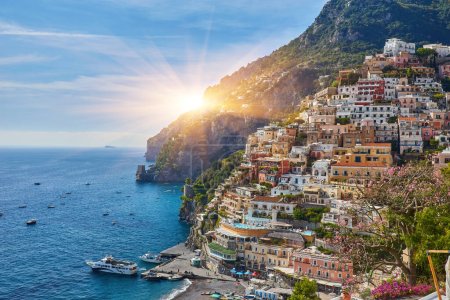 Photo for View of the town of Positano with flowers, Amalfi Coast, Italy - Royalty Free Image
