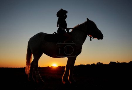 Photo for Horseback woman riding on galloping horse with red rising sun on horizon. Beautiful colorful sunset header background with equine and girls silhouette. - Royalty Free Image