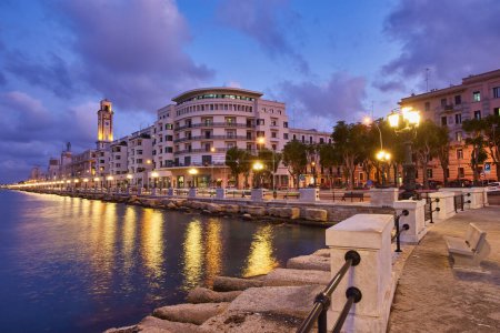 Photo for Panoramic view of Bari, Southern Italy, the region of Puglia, Apulia seafront at dusk. - Royalty Free Image