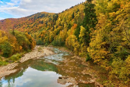 Foto de Vista sobre el puente ferroviario sobre el río Prut. Hermoso otoño en las montañas Cárpatos, Yaremche, Ucrania - Imagen libre de derechos