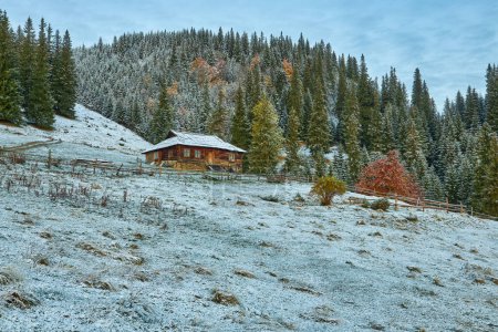 Photo for The first snow delicately blankets the landscape, while an isolated wooden cabin stands amidst the picturesque scenery. Mist shrouds the distant peaks, adding an ethereal touch to the scene. - Royalty Free Image