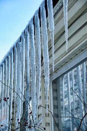 Photo for Huge icicles hang from the facades of buildings. The fall of icicles carries a danger to people's lives. - Royalty Free Image