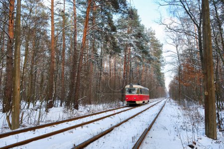 Foto de Un paisaje invernal sereno con un llamativo tranvía rojo que se abre camino a través de un tranquilo bosque cubierto de nieve. La armonía de la naturaleza con la ingeniería humana - Imagen libre de derechos