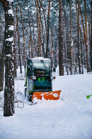Téléchargez les photos : Une journée d'hiver ensoleillée dans le parc de la ville, où un chasse-neige nettoie efficacement la neige des trottoirs. Les arbres enneigés créent une scène pittoresque. - en image libre de droit