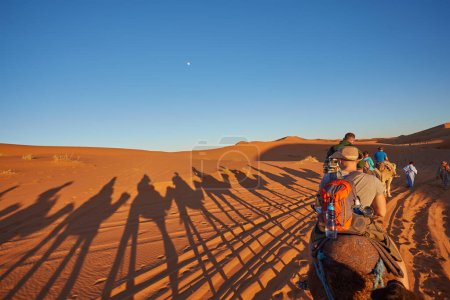 Foto de Turistas montando camellos, sonriendo, en el desierto del Sahara, Marruecos. - Imagen libre de derechos
