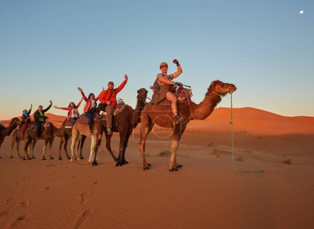 Téléchargez les photos : Touristes à dos de chameau, souriants, dans le désert du Sahara, Maroc. - en image libre de droit