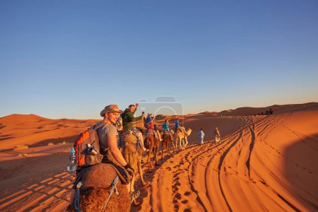 Experimente la tranquilidad del desierto del Sahara mientras los turistas disfrutan de una deliciosa caminata en camello a través de sus fascinantes dunas en Marruecos.