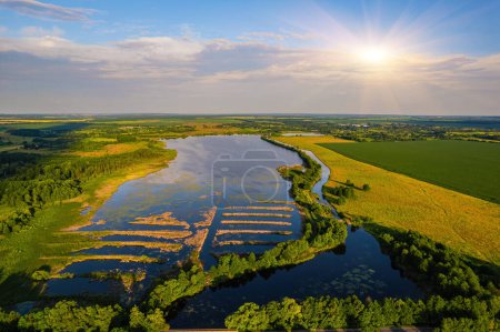 Téléchargez les photos : Vue de dessus d'un drone d'un champ vert et d'une rivière - en image libre de droit