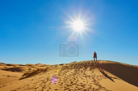 Téléchargez les photos : Un voyageur solitaire au Sahara, captivé par la vaste étendue de dunes dorées sous le soleil brillant - en image libre de droit