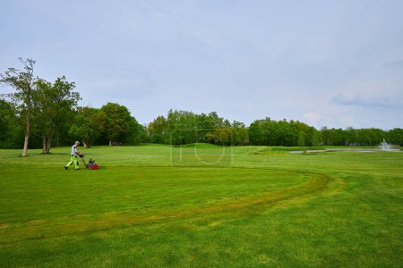 A golf course, with meticulous lawn care underway as a lawnmower trims the green expanses, ensuring a pristine surface for the perfect golfing experience