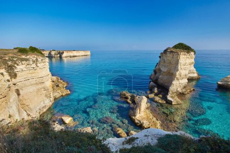 Beautiful sea scenery in Puglia. Italy. Torre di Sant Andrea - famous beach with rock formations near Otranto town