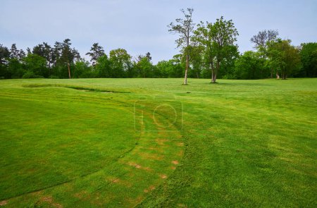 Foto de Panorama Vista del campo de golf con hermoso campo verde. Campo de golf con un rico césped verde hermoso paisaje. - Imagen libre de derechos