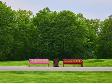 Ein gewundener Pfad im Park mit einer Bank in der Nähe, umgeben von einem saftig grünen Rasen, der einen ruhigen und einladenden Außenbereich schafft