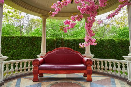 Ein Frühlingstag im Sakura Park, mit einem großen Ledersofa unter einem Pavillon, der einen eleganten und komfortablen Rückzugsort inmitten blühender Kirschblüten schafft.