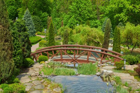 Téléchargez les photos : Une scène de parc sereine avec des arbres luxuriants, un ruisseau sinueux et un charmant pont. Masquer à la lumière du jour d'un après-midi d'été. Idéal pour transmettre l'essence de la nature et de détente - en image libre de droit