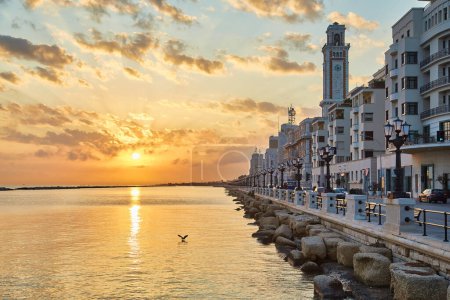 Photo for Panoramic view of Bari, Southern Italy, the region of Puglia, Apulia seafront at dusk. - Royalty Free Image