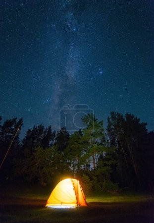 A dreamy nighttime scene with a warm yellow tent illuminated by a lantern, and the shimmering Milky Way and stars creating a serene and magical atmosphere in the background.