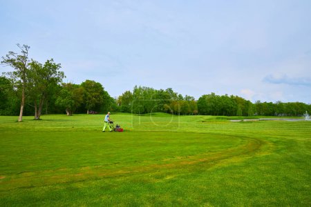 Téléchargez les photos : Un terrain de golf, avec un entretien méticuleux de la pelouse en cours comme une tondeuse à gazon coupe les étendues vertes, assurant une surface vierge pour l'expérience de golf parfaite - en image libre de droit